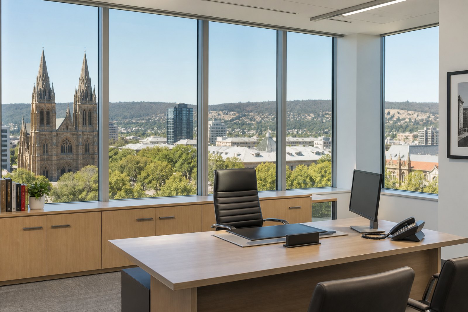 Adelaide executive office with St Peter's Cathedral and the Hills